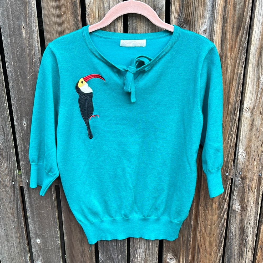 Bella Poque Toucan Bird Top Small Sweater Tie Retro Inspired Green S Stretch
